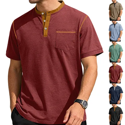 Men's Casual Short Sleeve Polo Shirt Color Block Henley Neck Cotton Blend Comfortable Summer Daily Top