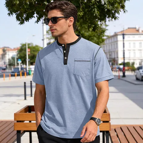 Men's Casual Short Sleeve Polo Shirt Color Block Henley Neck Cotton Blend Comfortable Summer Daily Top