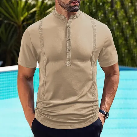 Camisa Polo de Manga Corta Casual para Hombre Cuello Mao Slim Fit Verano Negocios Casual Color Sólido Parte Superior Tejida
