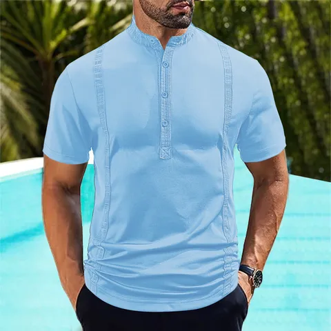 Camisa Polo de Manga Corta Casual para Hombre Cuello Mao Slim Fit Verano Negocios Casual Color Sólido Parte Superior Tejida