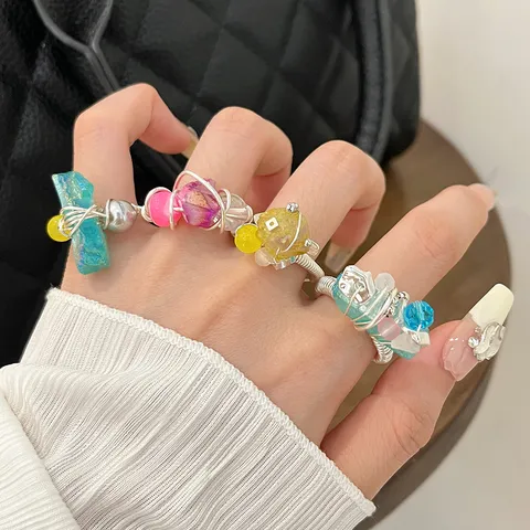 Handmade Beaded Natural Stone Wire Wrapped Ring Women Niche Colorful Translucent Raw Stone Open Index Finger Ring Fashion Jewelry