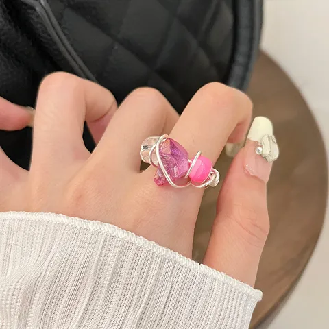 Handmade Beaded Natural Stone Wire Wrapped Ring Women Niche Colorful Translucent Raw Stone Open Index Finger Ring Fashion Jewelry