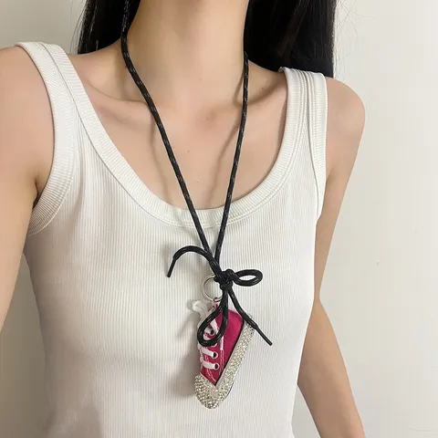Fashion Rhinestone Canvas Shoes Pendant Necklace Women Long Rope Sweater Chain Alloy Crystal Choker Jewelry Gift