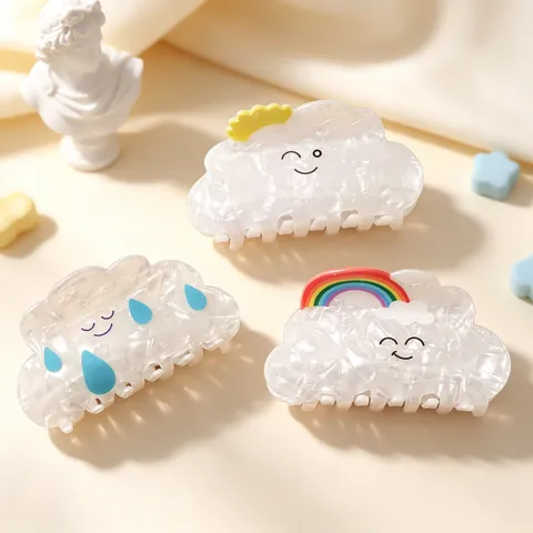 Cute Cloud Hair Claw Clips Acetate Artificial Pearl Texture Cartoon Weather Rainbow Sun Raindrop Smile Face Daily Accessories For Women