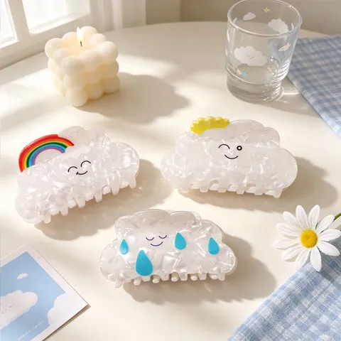 Cute Cloud Hair Claw Clips Acetate Artificial Pearl Texture Cartoon Weather Rainbow Sun Raindrop Smile Face Daily Accessories For Women