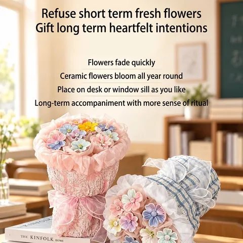 Handmade Ceramic Flower Bouquet Ornament Jingdezhen Craft Teacher's Day Gift With Bag For Teacher Birthday Home Desktop Decor