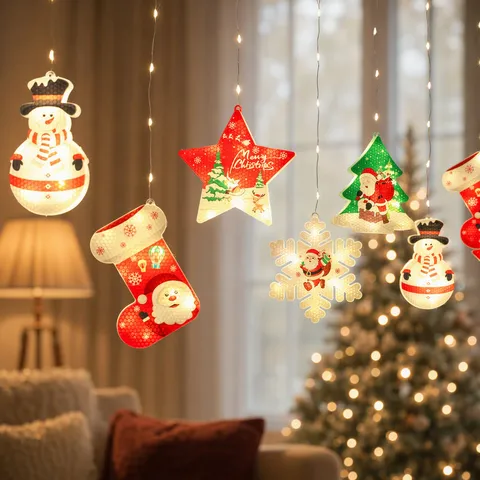 LED Weihnachts Lichterkette Warmweiß USB Batteriebetrieben Fenster Vorhang Eiszapfen Licht Mit Schneemann Stern Baum Anhängern