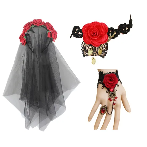 Halloween Tag Der Toten Rosenblumen Stirnband Gothic Totenkopf Spitzenschleier Maske Handschuhe Strümpfe Kostüm Requisiten Für Damen Party