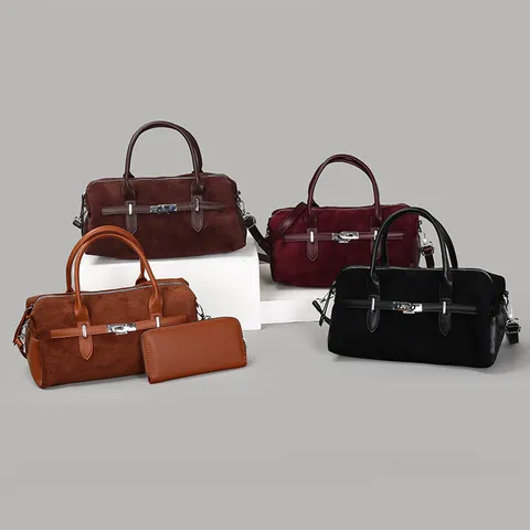 Damen Retro Wildleder-Optik PU Bowling Handtasche Große Kapazität Schultertasche Pendler Boston Tasche Vielseitige Henkeltasche