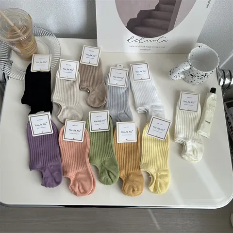 Chaussettes Invisibles Côtes en Coton Décontractées pour Femmes Printemps Été Respirantes Couleur Unie