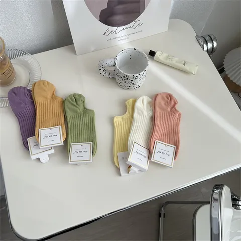 Chaussettes Invisibles Côtes en Coton Décontractées pour Femmes Printemps Été Respirantes Couleur Unie