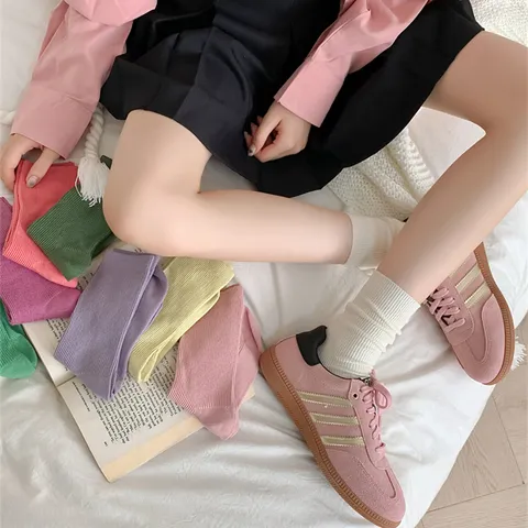 Women Casual Solid Color Ribbed Cotton Mid Tube Socks Candy Color Everyday Fashion Hosiery