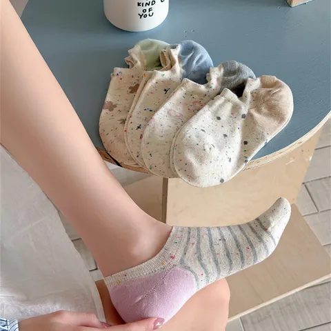 Women's Casual Cotton No Show Socks Polka Dot Low Cut Invisible Socks Colorblock Heel