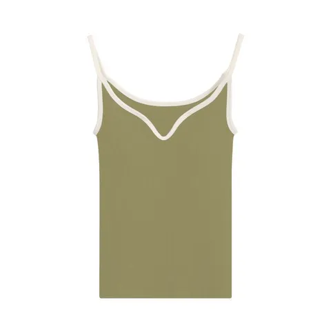 Women's Casual Ribbed Knit Cami Top Seamless French V-Neck Camisole With Built-In Chest Pad Solid Color Basic Tank Top