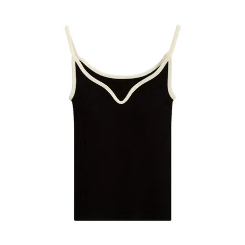 Women's Casual Ribbed Knit Cami Top Seamless French V-Neck Camisole With Built-In Chest Pad Solid Color Basic Tank Top
