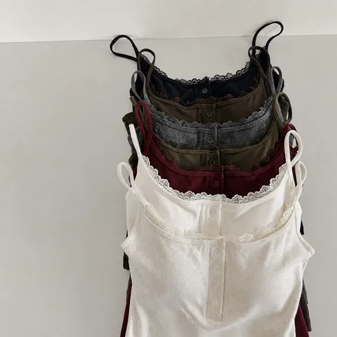 Women Casual Cotton Blend Cami Tank Top Solid Color Sleeveless Square Neck Button Lace Trim Top