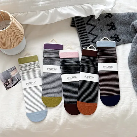 Calcetines Slouch de Algodón Casual para Mujer Estilo Japonés Calcetines Crew Rayados Coloridos Suaves Transpirables Moda Diaria