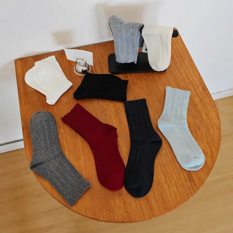 Women's Cotton Blend Crew Socks With Crochet Lace Edge Solid Color Rib Knit Mid-Calf Casual Breathable Autumn Winter Socks