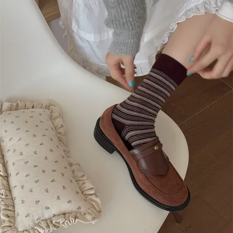 Women Casual Cotton Striped Crew Socks Japanese Style Vintage Soft Breathable Slouch Socks Everyday Daily Wear Hosiery
