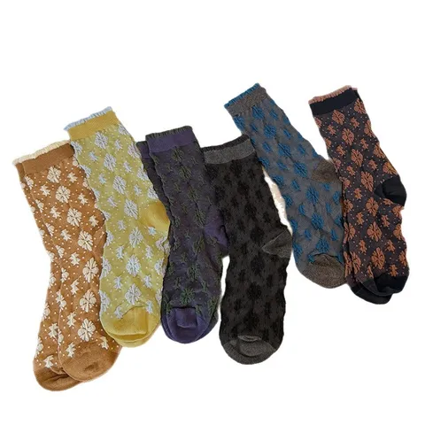 Dames Retro Gekorven Ruit Jacquard Halverwege Kuit Socken Gekamd Katoen Casual Ademende Socken