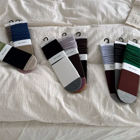 Women's Autumn Winter Slouch Socks Cotton Blend Color Block Patchwork Mid-Calf Ribbed Socks Soft Breathable Daily Hosiery