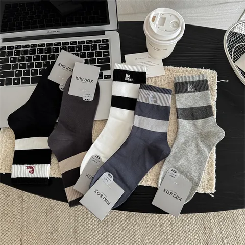 Herren Baumwolle Casual Mittelhohe Socken Breite Streifen Buchstaben-Stickerei Hochelastisch Gerippte Business Socken
