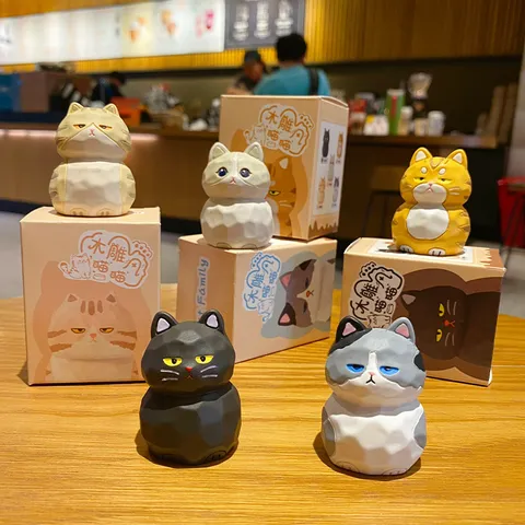 Original Holzschnitzerei Stil Cartoon Katze Figur Harz Süß Tier Desktop Ornament Zuhause Büro Dekoration Handwerk Geschenk