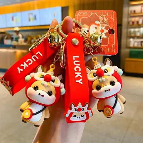 Schattige Cartoon Leeuwendans Shibe Sleutelhanger PVC Dier Autosleutelhanger Tassenhanger Mode Sleutelhanger Vakantiecadeau