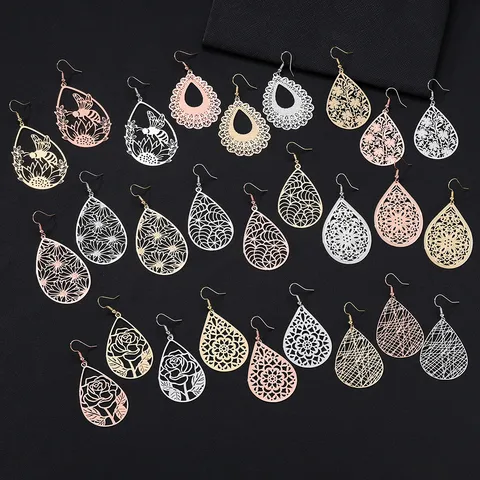 Vintage Orecchini Pendenti a Goccia Cavo Rame Placcato Oro Donna Artistico Floreale Ape Motivo Stile Francese Lusso Orecchini Retrò
