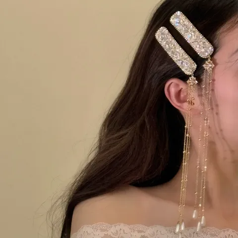 Vintage Alloy Rhinestone Long Tassel Hair Clip Elegant White Gold Finish Artificial Pearl Drop Fringe Hairpin For Bride Women Hair Accessories