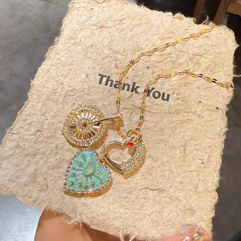 Vintage Vert Menthe Tournesol Cœur Pendentif Collier Femme Allié Plaqué Or Strass Élégante Chaîne Clavicule Bijoux Cadeau