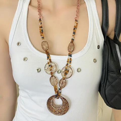 Retro Bohemian Long Beaded Necklace For Women Ethnic Style Resin Disc Pendant Sweater Chain Fashion Jewelry Gift