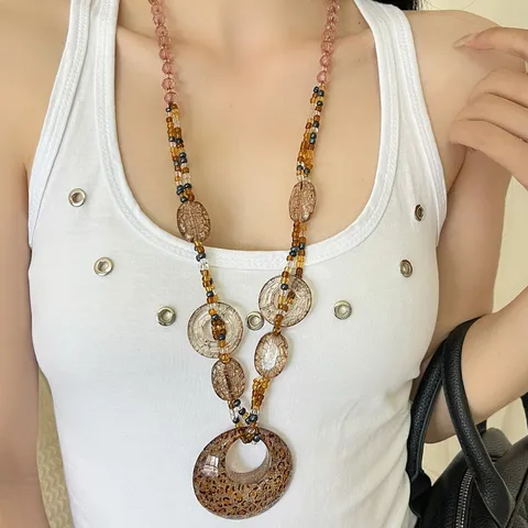 Retro Bohemian Long Beaded Necklace For Women Ethnic Style Resin Disc Pendant Sweater Chain Fashion Jewelry Gift