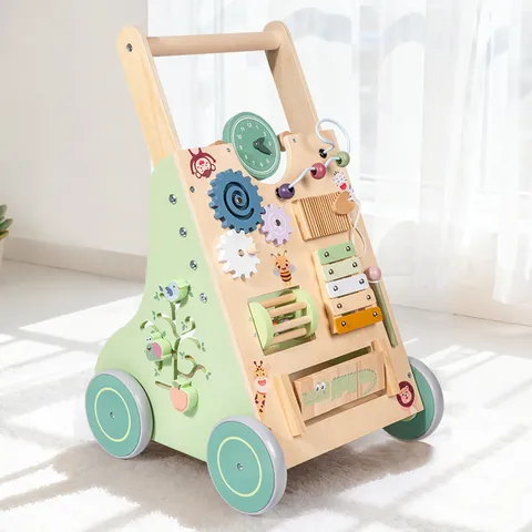 Hölzerner Lauflernwagen Multifunktionales Kleinkind Schiebespielzeug Mit Früherziehungs Lernbrett Sensorischen Spielzeugen Für Kinder