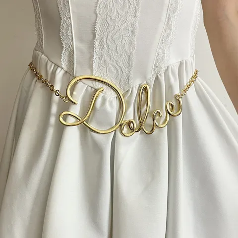 Vintage Women Metal Waist Chain Thin Belt Adjustable Letter Waistband For Dress Pants Fashion Accessories