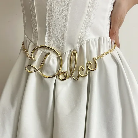 Vintage Women Metal Waist Chain Thin Belt Adjustable Letter Waistband For Dress Pants Fashion Accessories