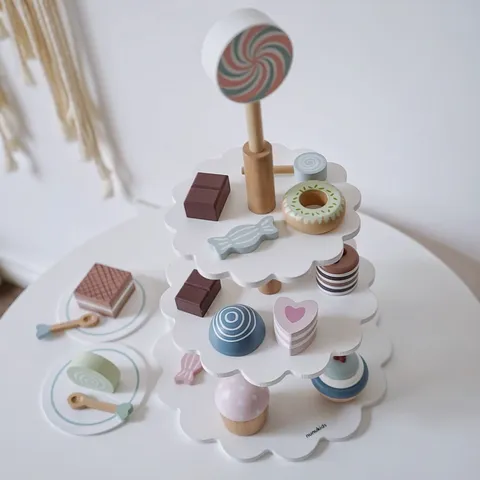Ensemble de Jouets de Support à Gâteau de Thé de l'Après-Midi en Bois Cuisine Jeu de Rôle Cadeau d'Anniversaire Éducatif pour Enfants