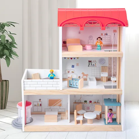Maison de Poupée en Bois Style Nordique Jouet Simulation Princesse Villa avec Meubles Miniatures Cadeau Jouet Éducatif pour Enfants