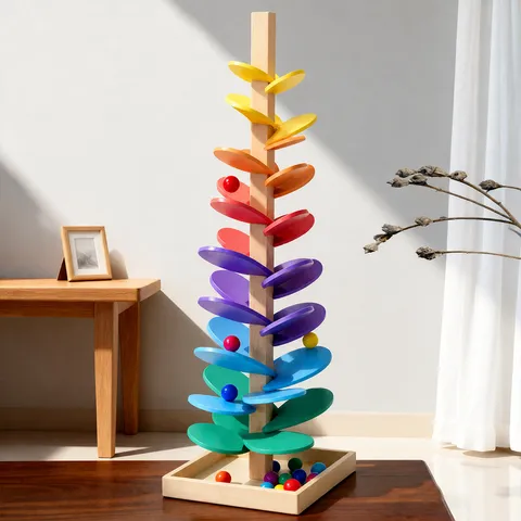 Montessori Wooden Music Tree Marble Run Toy Rainbow Color Cognition Educational Toy for Toddlers Kids