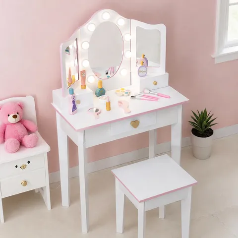 Enfants Bois Simulation Coiffeuse Jouet Enfants Jeu De Rôle Maquillage Vanity Set Avec Miroir Lumineux Et Accessoires De Beauté