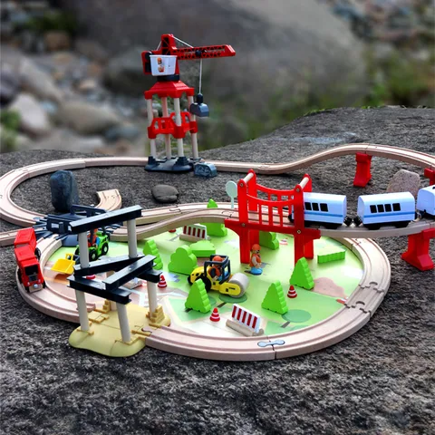 Niños Pista de Madera Tren Eléctrico Juguete Conjunto Vehículos de Ingeniería Urbana Bloques de Construcción Regalo de Juguete Educativo