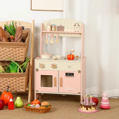 Ensemble de Jeu de Cuisine de Simulation en Bois Jouet de Cuisine avec Cuisinière Pots et Nourriture Jouet Éducatif pour Enfants