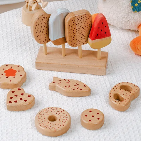 Jouet de Cuisine en Bois pour Jeu de Rôle en Bois de Hêtre Glace Bâtonnet Biscuit Jouets Éducatifs Interactifs pour Cadeau Enfants