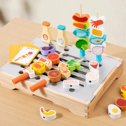 Ensemble de Jouets de Barbecue de Cuisine en Bois pour Enfants Jeu de Rôle Simulation Nourriture Jouets Éducatifs Cadeau