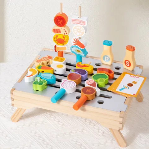Ensemble de Jouets de Barbecue de Cuisine en Bois pour Enfants Jeu de Rôle Simulation Nourriture Jouets Éducatifs Cadeau