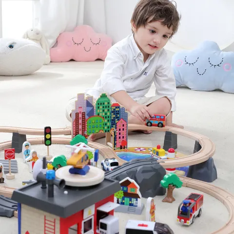 Conjunto de Bloques de Construcción de Pista de Tren de Ferrocarril de Madera Fuego Policía Ciudad Juguetes Educativos para Niños