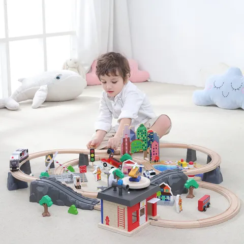 Conjunto de Bloques de Construcción de Pista de Tren de Ferrocarril de Madera Fuego Policía Ciudad Juguetes Educativos para Niños