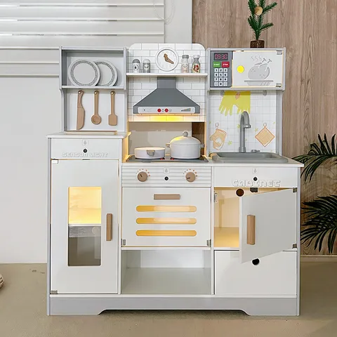 Wooden Kids Pretend Play Kitchen Toy Interactive Cooking Toy With Sound Light And Circulating Water Sink
