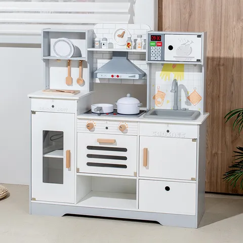 Wooden Kids Pretend Play Kitchen Toy Interactive Cooking Toy With Sound Light And Circulating Water Sink