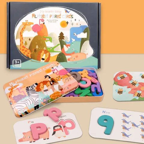 Cartes d'Apprentissage Éducatives en Bois pour Enfants Chiffres et Lettres Set de Jouets Montessori Boîte en Fer